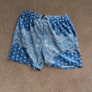 Blue paisley print shorts with drawstring waist